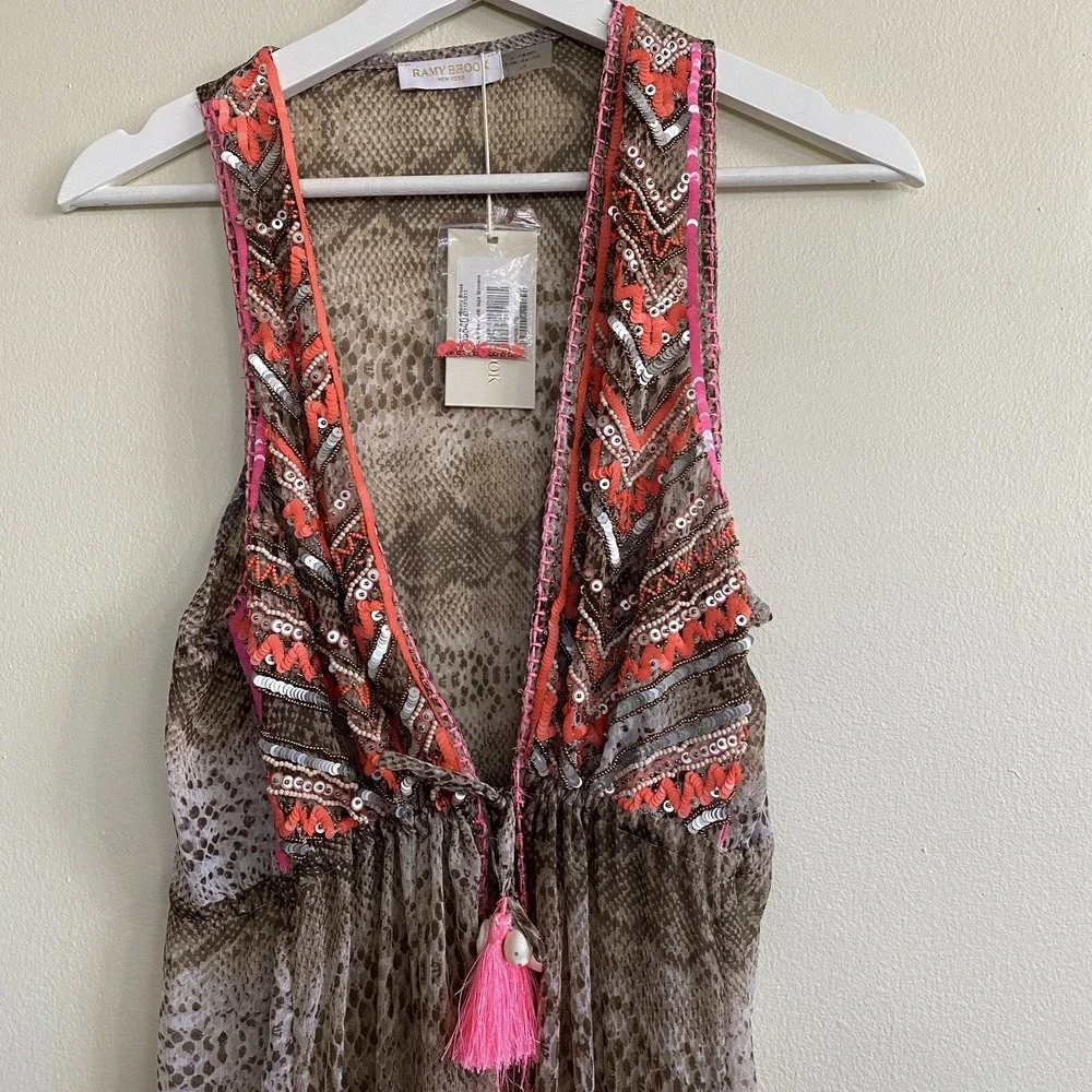 Ramy Brook Snakeskin Boho Embellished Maxi Dress Cover-Up Brown Size S Glam‎
